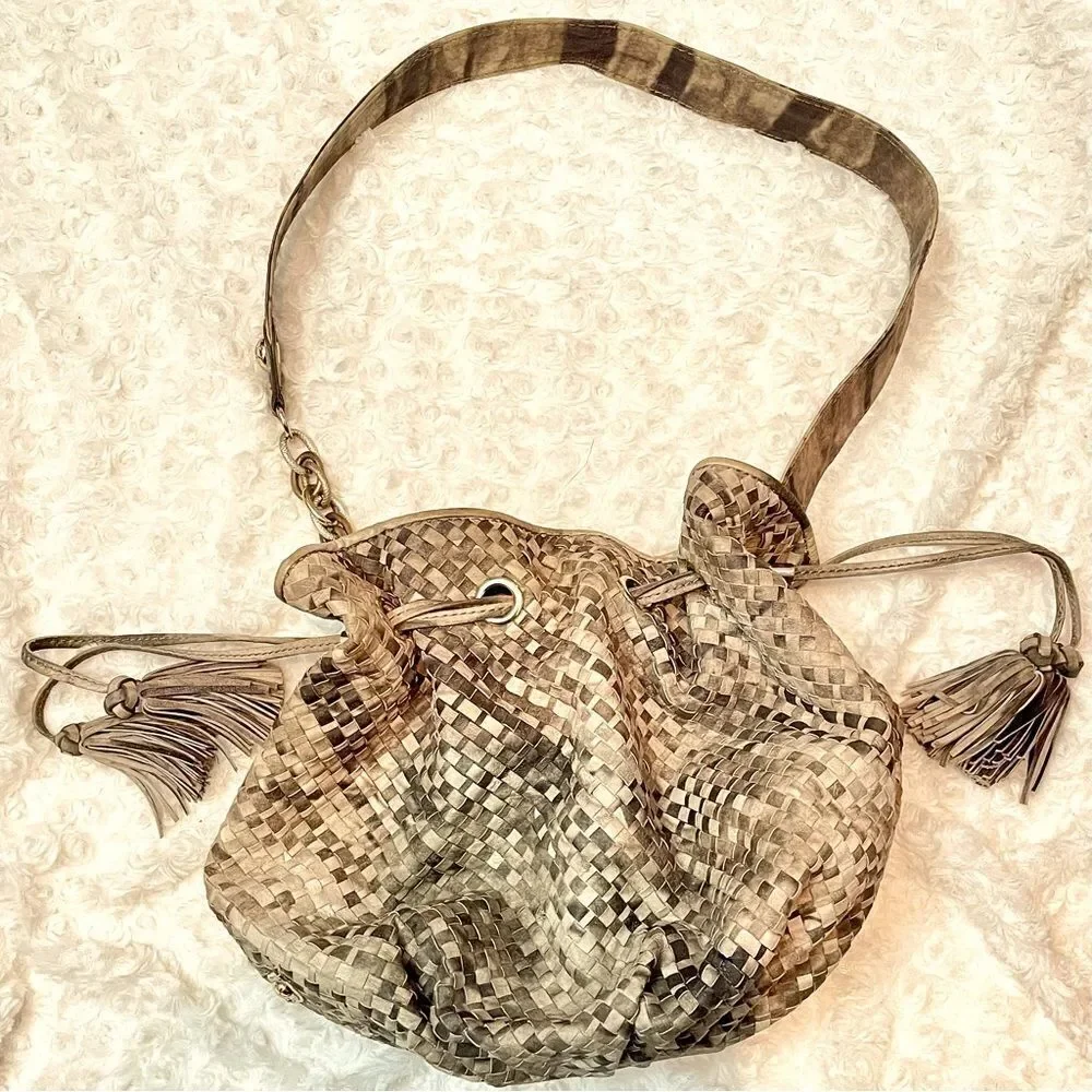Elliott Lucca Snakeskin Embossed Leather Weave Bucket Hobo Shoulder Purse